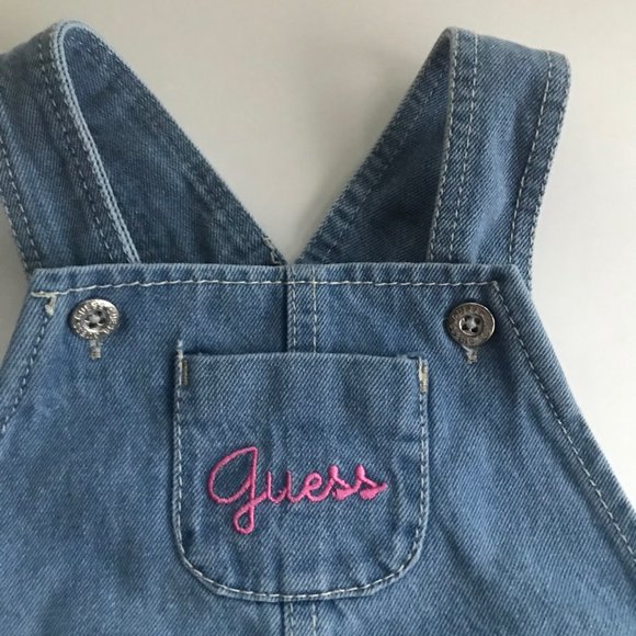 Guess Light Blue Denim Shortall Size 4T with Pink branding - Picture 3 of 6